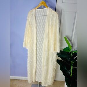 Sheer Ivory Open Front Duster House Coat with eyelas fringe UNIQUE M/L